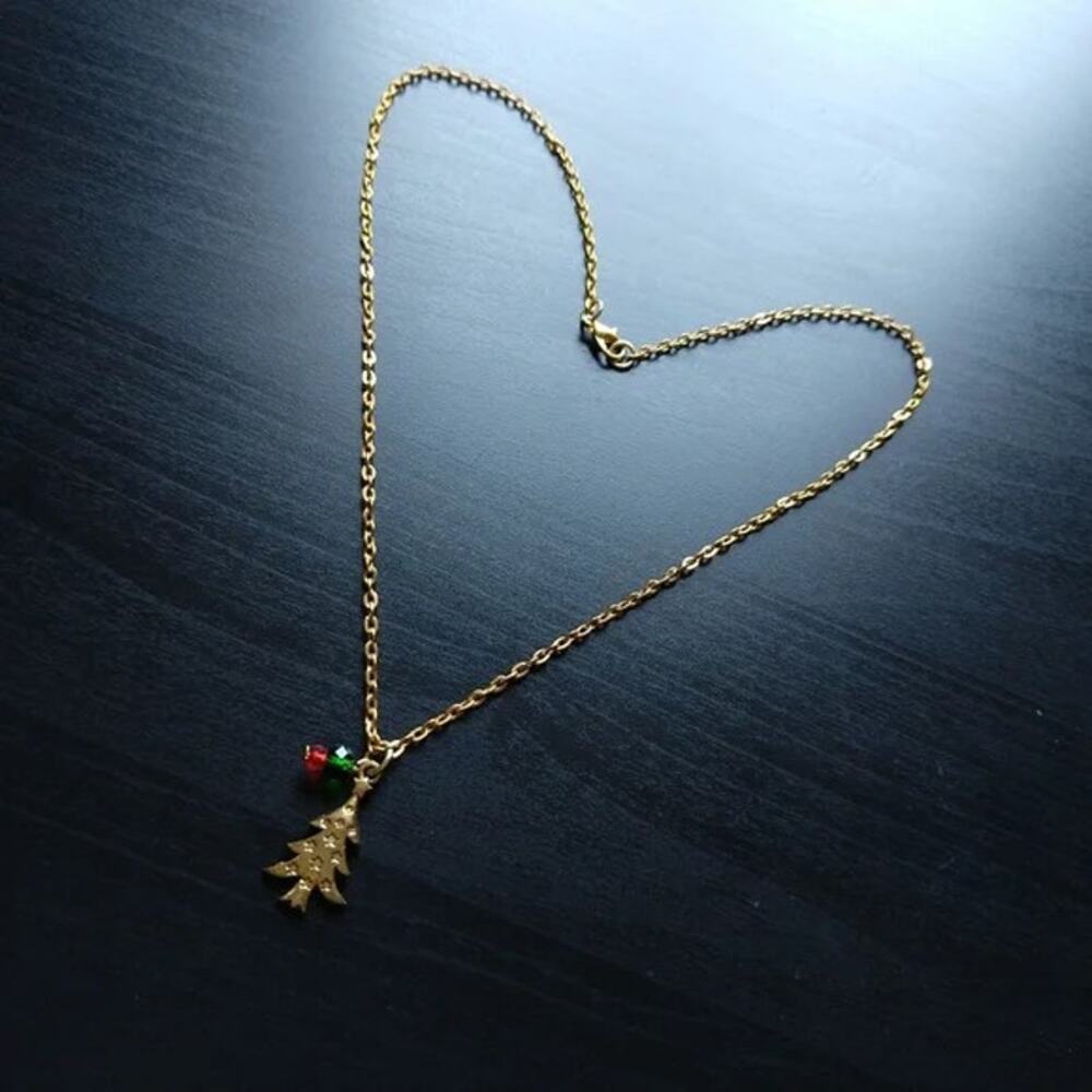 Gold Holiday Tree Necklace 19" Christmas fashion costume jewelry green red - Picture 2 of 6